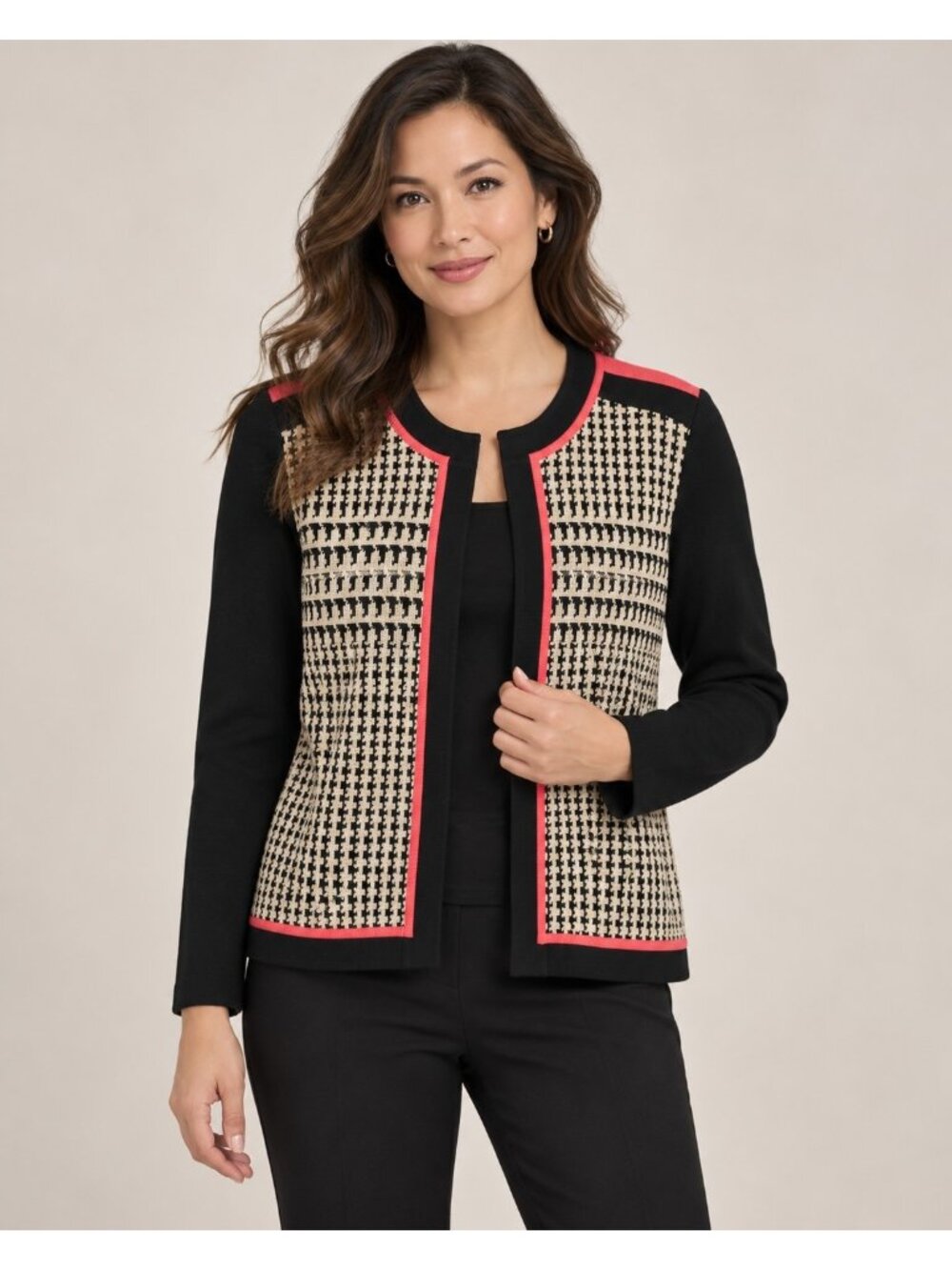 Ming Wang Houndstooth Knit Jacket Black White Pink Women's PXS